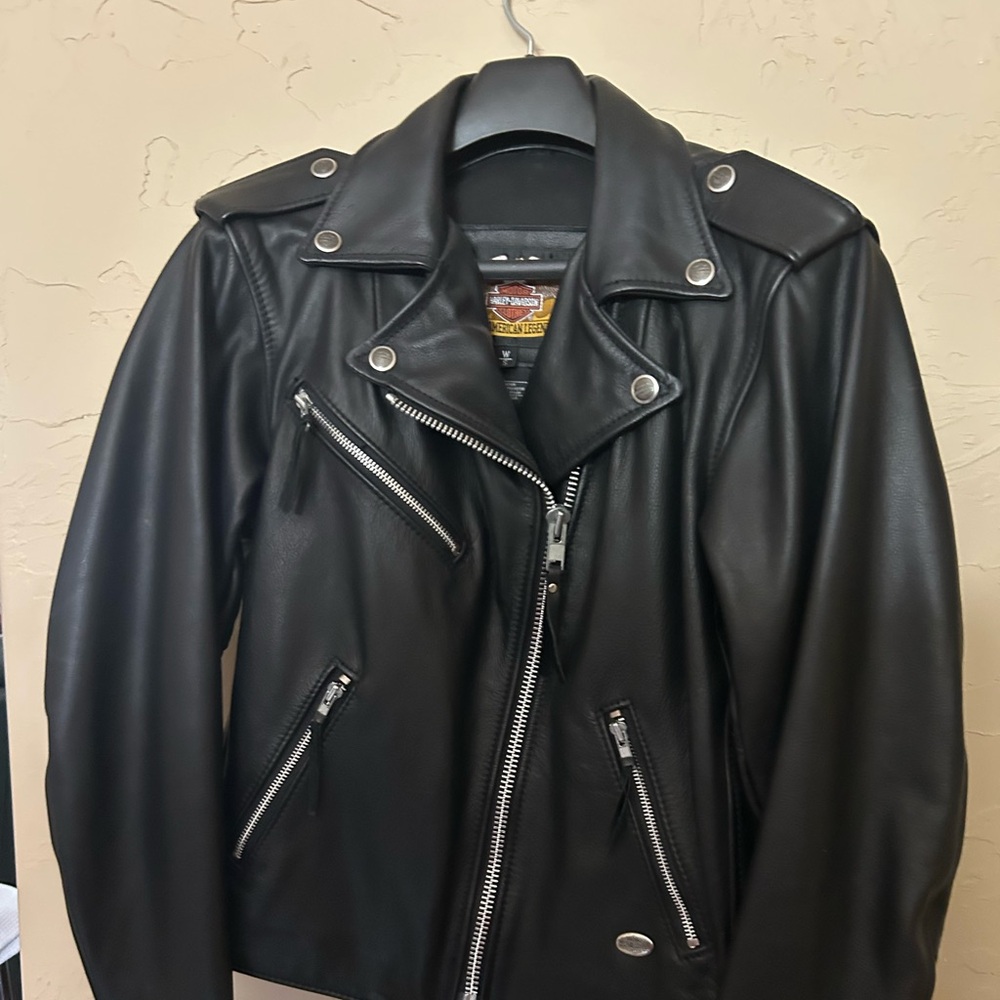 Black Leather Motorcycle Jacket with Asymmetrical Zipper and Notched Lapel